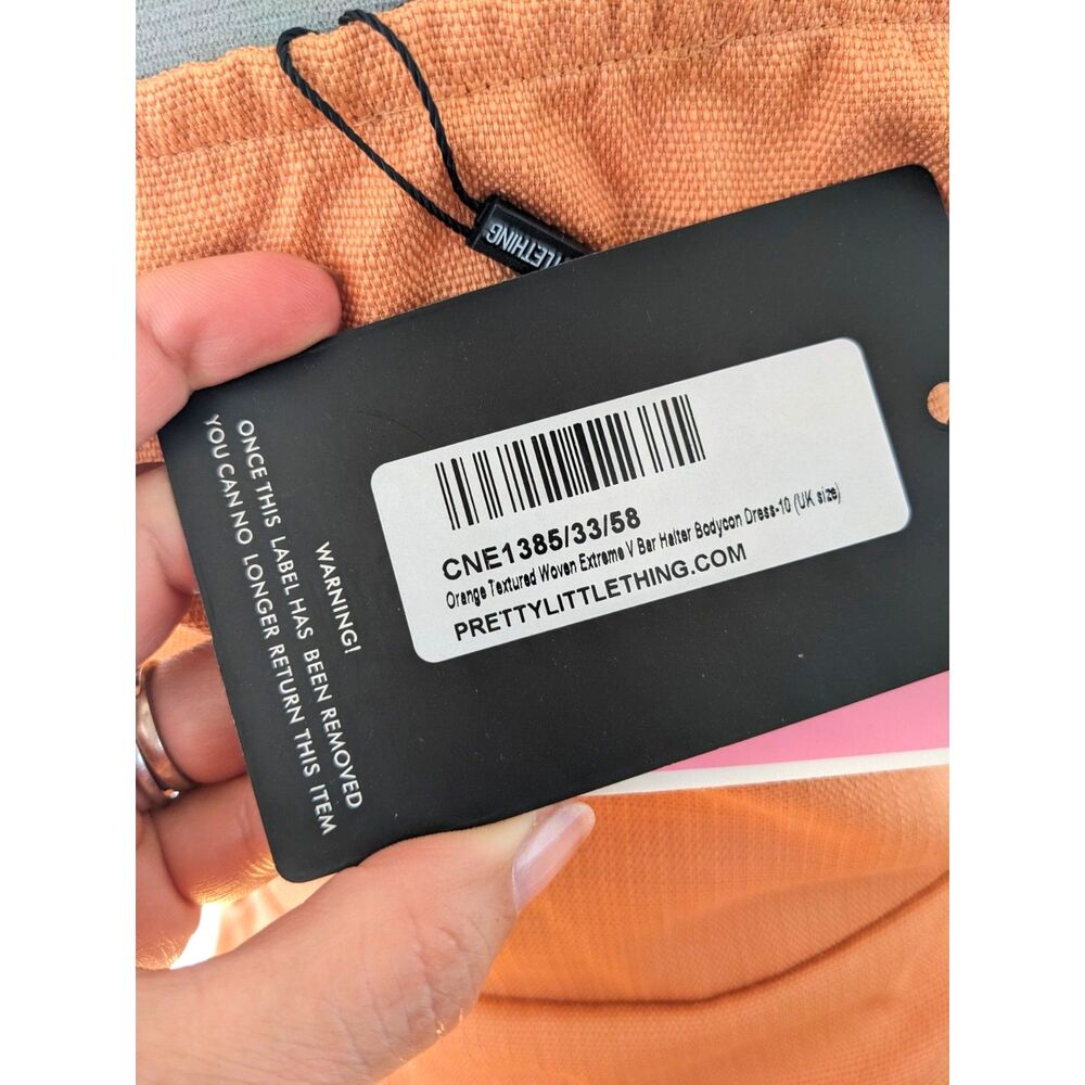 NWT PrettyLittleThing Orange Textured Woven Extreme V Bar Halter Bodycon Dress/6 - Picture 5 of 7